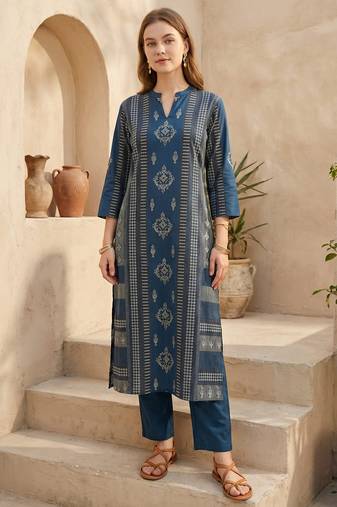 Blue cotton a-line kurta with trousers