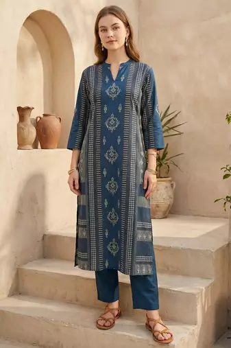 Blue cotton a-line kurta with trousers