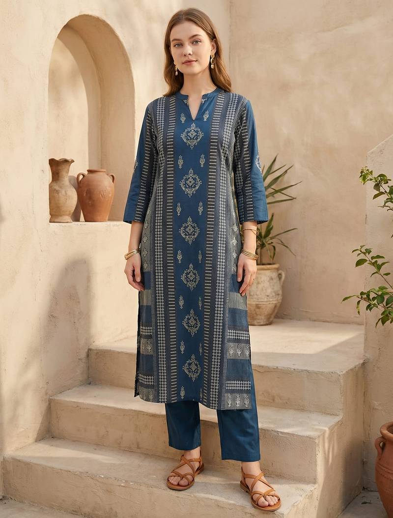 Blue cotton a-line kurta with trousers