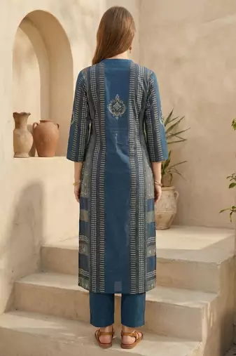 Blue cotton a-line kurta with trousers