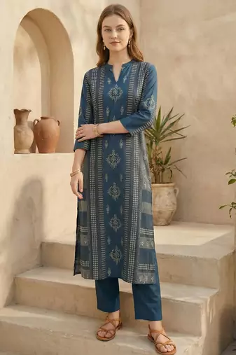 Blue cotton a-line kurta with trousers