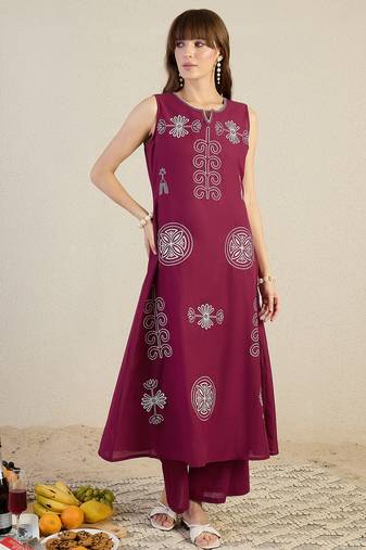 Maroon cotton a-line kurta with palazzos