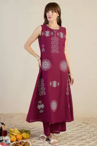 Maroon cotton a-line kurta with palazzos