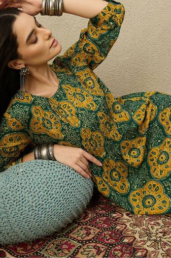 Green cotton a-line kurta with trousers
