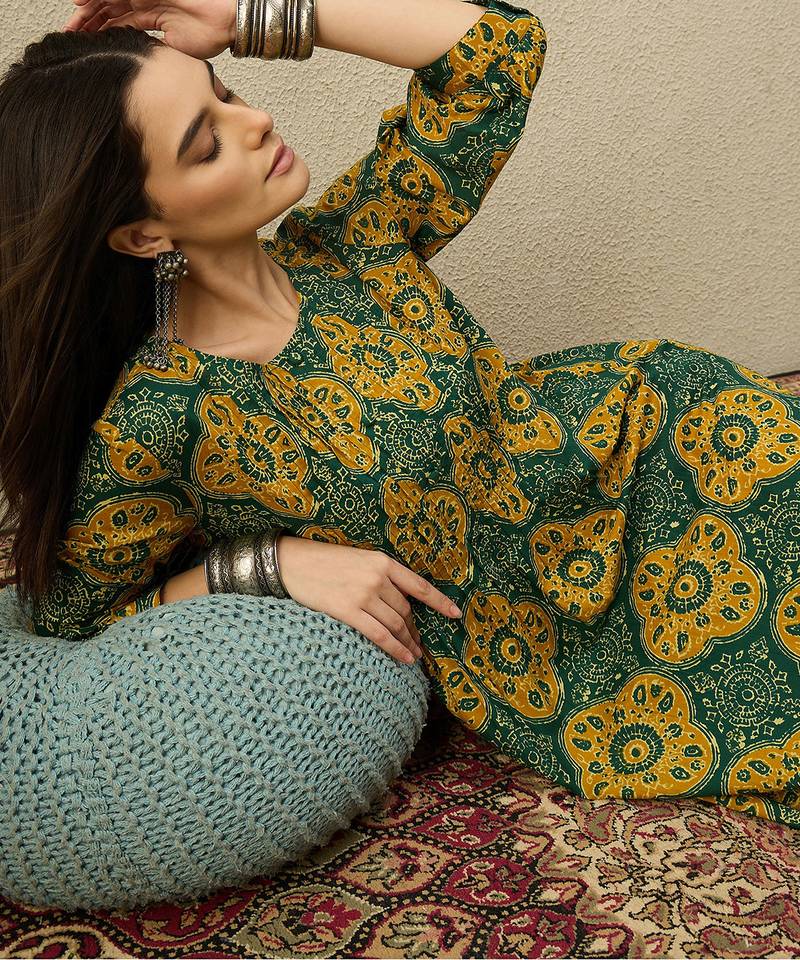 Green cotton a-line kurta with trousers