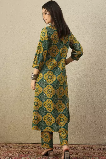 Green cotton a-line kurta with trousers