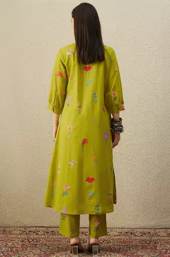 Green cotton a-line kurta with trousers