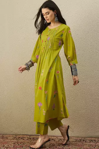 Green cotton a-line kurta with trousers
