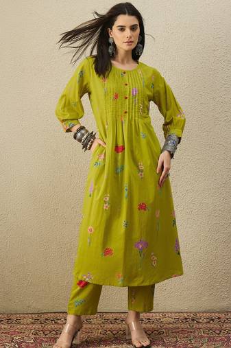 Green cotton a-line kurta with trousers
