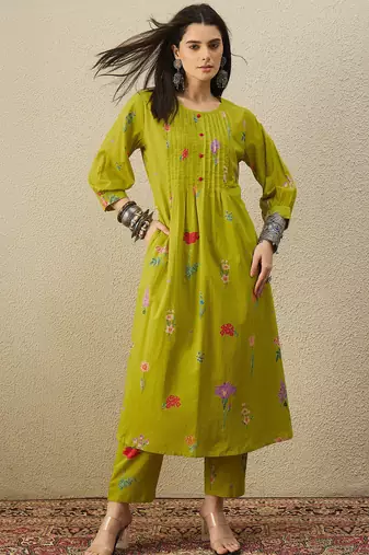 Green cotton a-line kurta with trousers