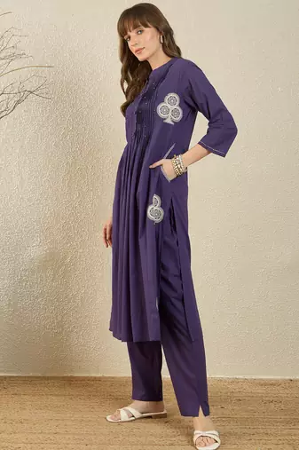 Purple cotton a-line kurta with trousers
