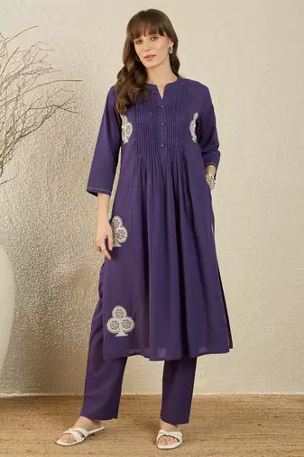 Purple cotton a-line kurta with trousers