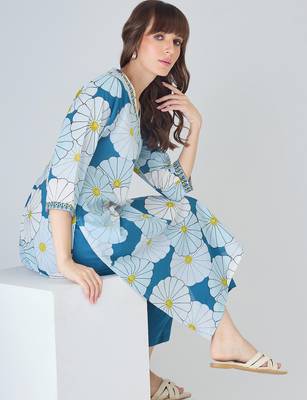 Blue cotton straight kurta with trousers 1