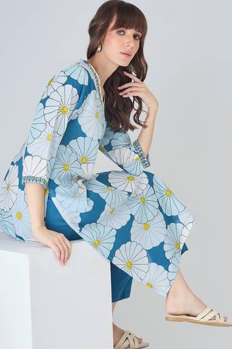 Blue cotton straight kurta with trousers