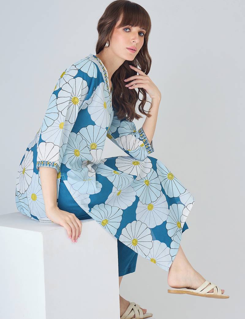 Blue cotton straight kurta with trousers
