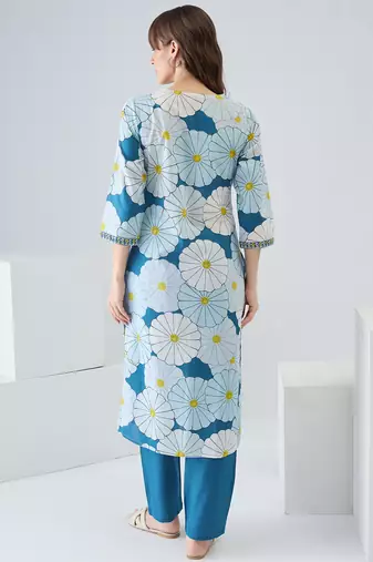 Blue cotton straight kurta with trousers