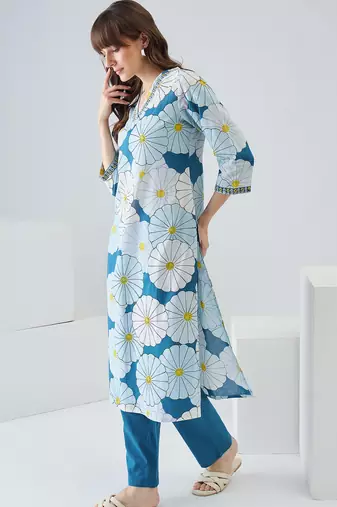 Blue cotton straight kurta with trousers