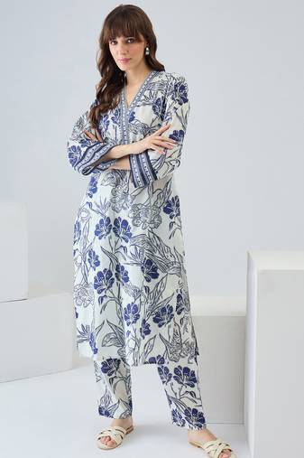 Off white cotton straight kurta with trousers