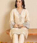Cream silk-blend straight kurta with palazzos