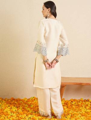 Cream silk-blend straight kurta with palazzos 2