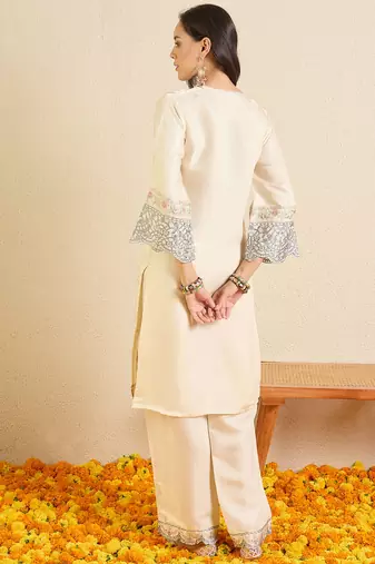 Cream silk-blend straight kurta with palazzos