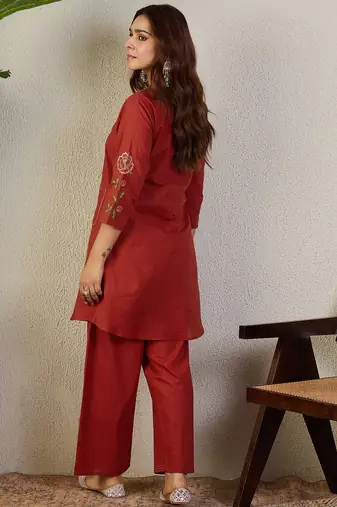 Rust cotton a-line kurta with trousers