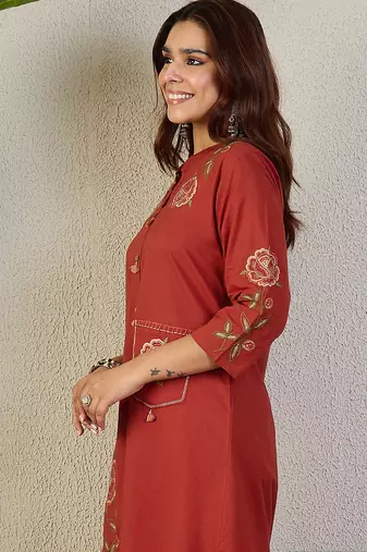 Rust cotton a-line kurta with trousers