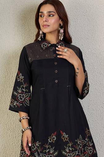 Black cotton a-line kurta with trousers