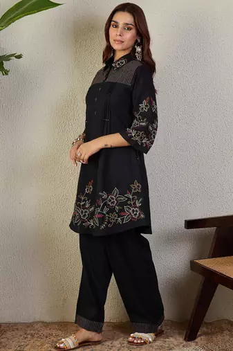 Black cotton a-line kurta with trousers