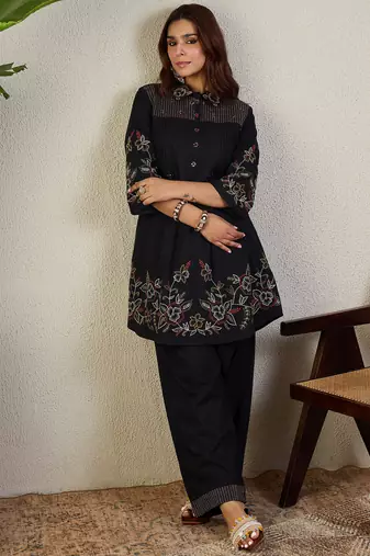 Black cotton a-line kurta with trousers