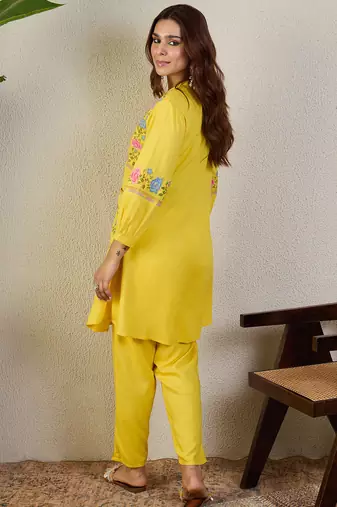 Yellow rayon a-line kurta with trousers