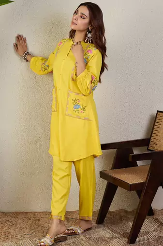 Yellow rayon a-line kurta with trousers