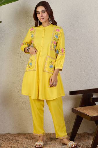 Yellow rayon a-line kurta with trousers