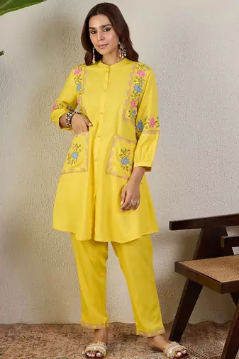 Yellow rayon a-line kurta with trousers