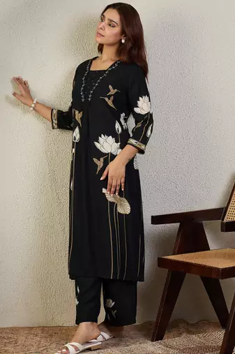 Black rayon a-line kurta with trousers