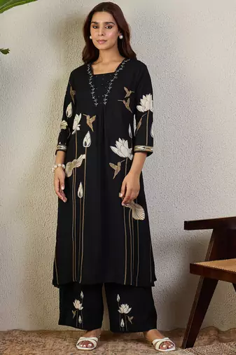 Black rayon a-line kurta with trousers