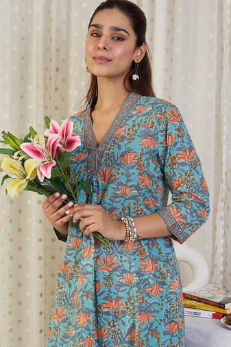Blue cotton a-line kurta with trousers