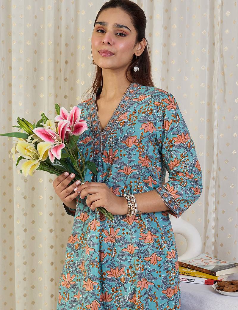 Blue cotton a-line kurta with trousers