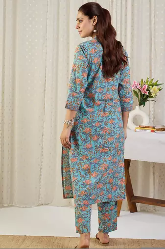 Blue cotton a-line kurta with trousers