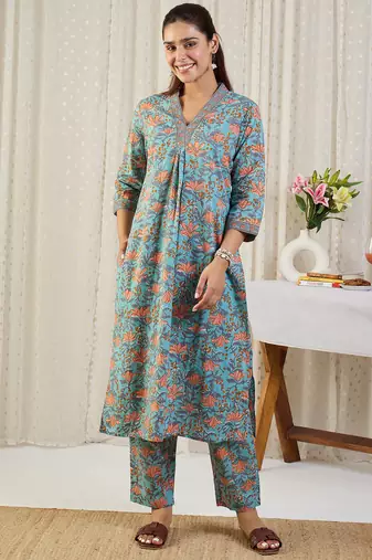 Blue cotton a-line kurta with trousers
