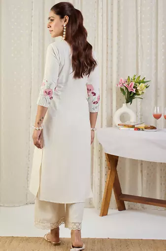 White cotton-blend a-line kurta with palazzos