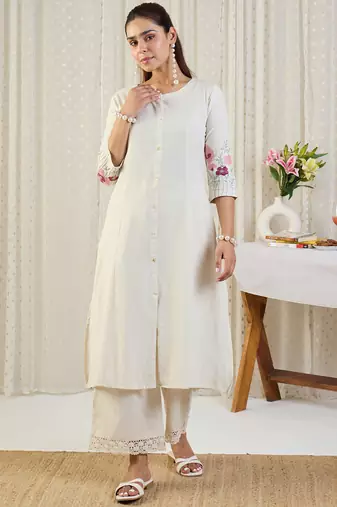 White cotton-blend a-line kurta with palazzos