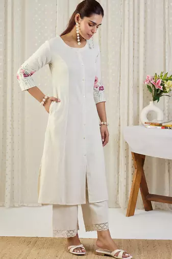 White cotton-blend a-line kurta with palazzos