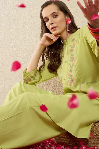 Green rayon a-line kurta with palazzos