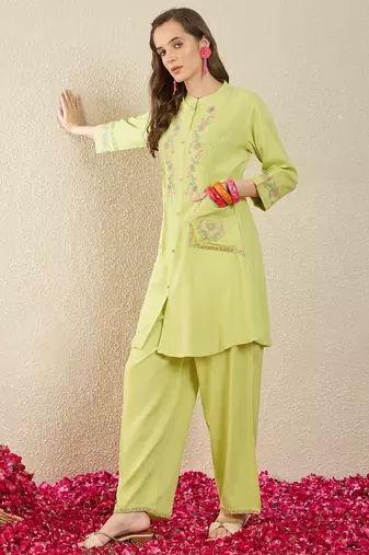 Green rayon a-line kurta with palazzos