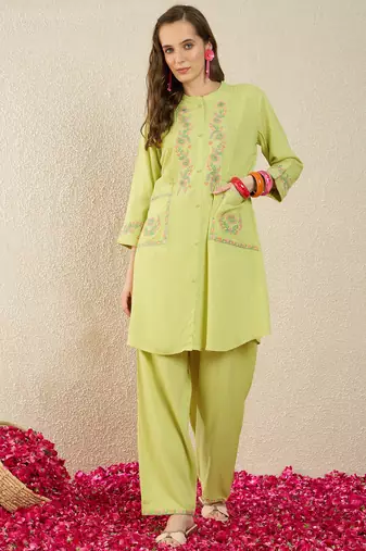 Green rayon a-line kurta with palazzos