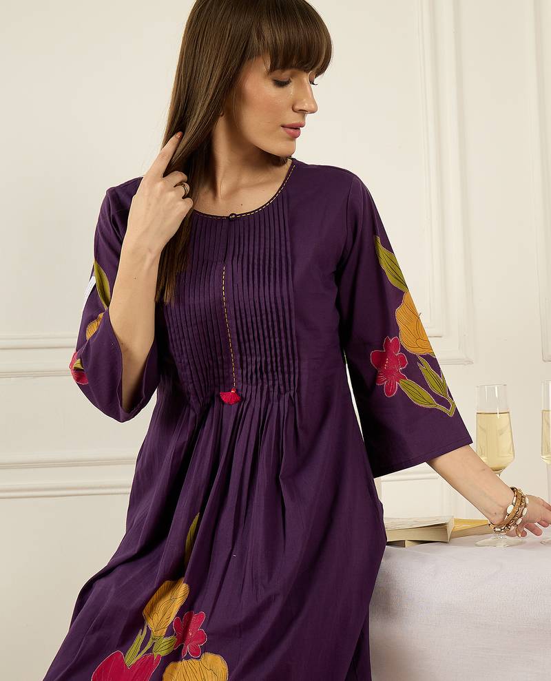 Purple cotton a-line kurta with trousers