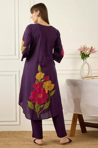 Purple cotton a-line kurta with trousers