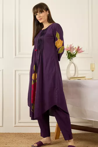 Purple cotton a-line kurta with trousers