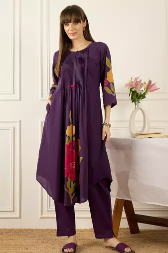 Purple cotton a-line kurta with trousers